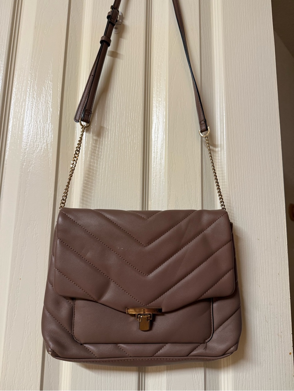 a new day Quilted Taupe Brown Crossbody Bag with Gold Hardware